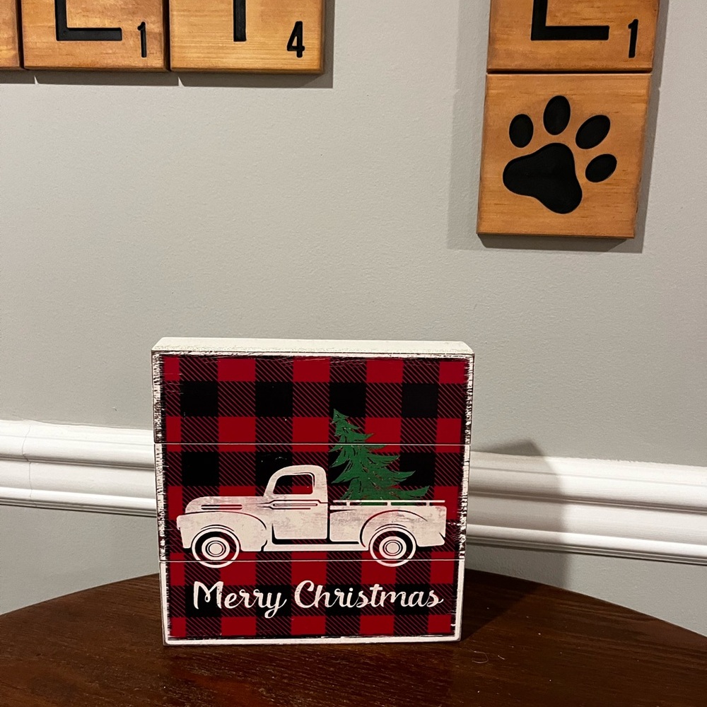 Merry Christmas Wooden Square - Wagon with tree and Red Buffalo Plaid - NWOT
